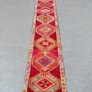2x13 runner rug red, Skinny rug runner, Narrow afghan runner rug 2x13, Persian 2x13 heriz runner rug, Vintage 2x13 turkish runner, Herki rug