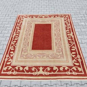 6x7 Rug Vintage, Square rug, Red Turkish rug 6x7, Heriz rug, Bedroom rug, Living room rug 6x7, Oushak rug 6x7, Persian rug 6x7, Rare rug