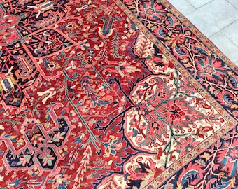 9x12 Heriz rug Antique, Persian area rug 9x12, Afghan area rug 9x12 vintage, Serapi rug, Turkish 9x12 Oushak rug, Living room rug 9x12 dark