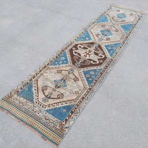 Blue turkish runner 3x10, Rug runner 3x10 Vintage oushak, Heriz runner rug 3x10, Geometric herki runner rug 10, Wool antique runner 3x10 ft