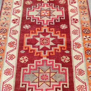 3x13 Runner Turkish Vintage Oushak Persian, Heriz runner rug, Herki runner rug, Geometric rug, Dark deep vibrant red rug runner, 13 runner