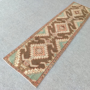 3x10 runner Persian, Heriz rug 3x10 vintage, Antique rug 3x10, Green Turkish runner 3x10, Herki rug 3x10, Oushak rug 3x10, Kitchen rug wool