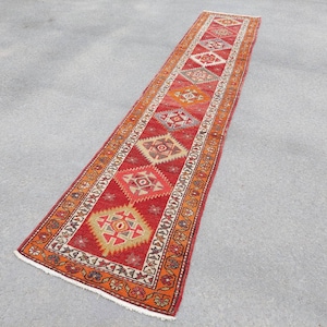 Rug runner 3x13 Turkish Vintage oushak, Heriz runner rug 13, Persian runner 3x13, Colorful runner rug, Geometric runner rug, Runner 13 14 ft