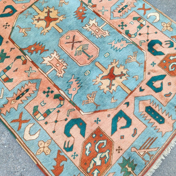 5x6 turkish rug turquoise color, Bedroom rug 5x6, Soft color vintage rug 5x6, Oushak rug 5x6, Afghan rug, Heriz rug, Colorful rug 5x7 blue
