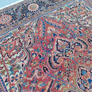 Coral 8x11 Heriz area rug rare, Vibrant persian rug 8x11, Afghan area rug 8x11 vintage, Antique rug 8x11, Oriental rug 8x11, Serapi rug
