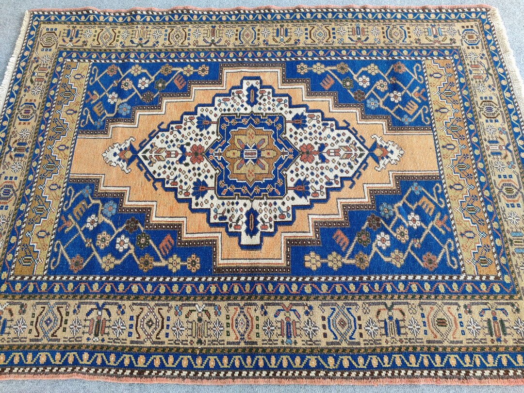 ペルシャ絨毯 4x5 アンティーク、4x5 トルコ絨毯 ブルー、ヴィンテージ