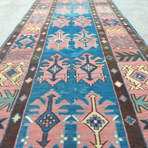 Stunning Avar Rug, Rare navy Antique runner, Old Caucasian kilim, Kazak Pattern rug, Traditional kilim, Large runner rug, Dining room rug
