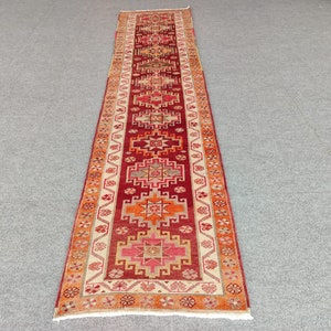 Vintage turkish oushak 3x13 runner rug, Kurdish herki tribal runner rug 3x13, Vibrant colorful multi red runner rug 3x13, Persian runner 13