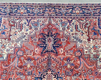 Heriz Serapi rug, Persian rug 9x13, Oversize rug vintage 10x13, Living room rug 10x13 ft, Turkish 9x13 oushak rug, Afghan area rug 10 by 13