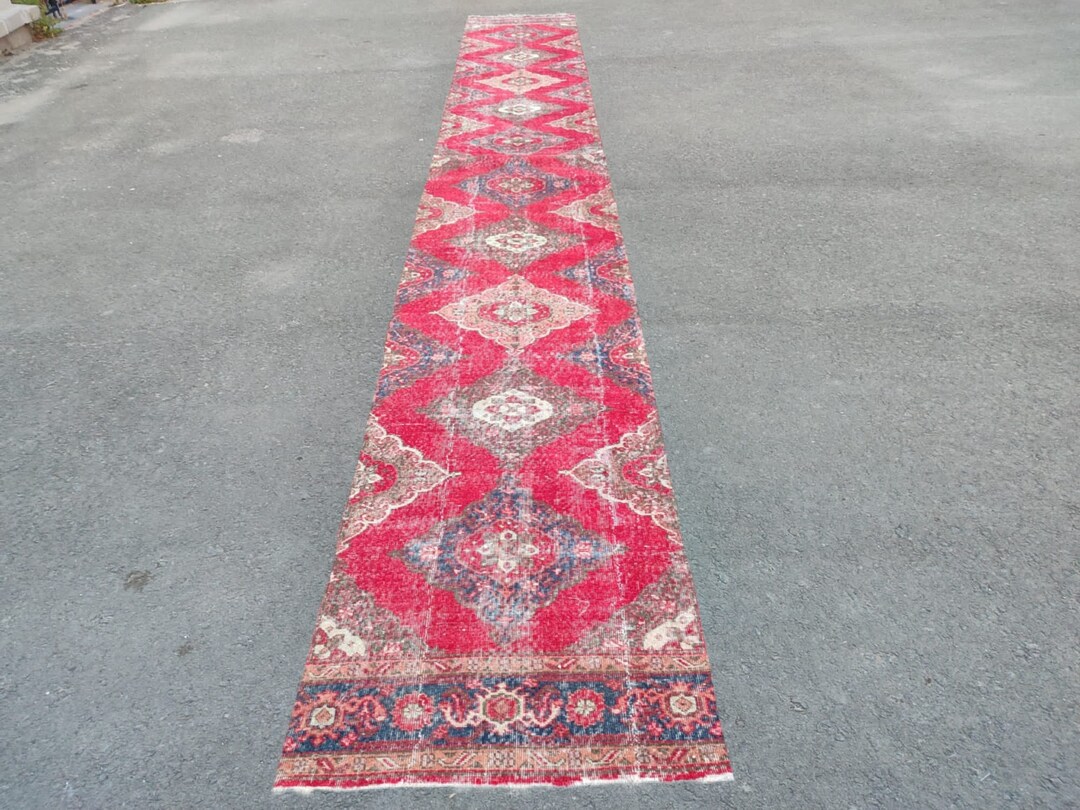 3x18 Rug Runner Turkish Red Color, Vintage 3x18 Oushak Runner, Afghan