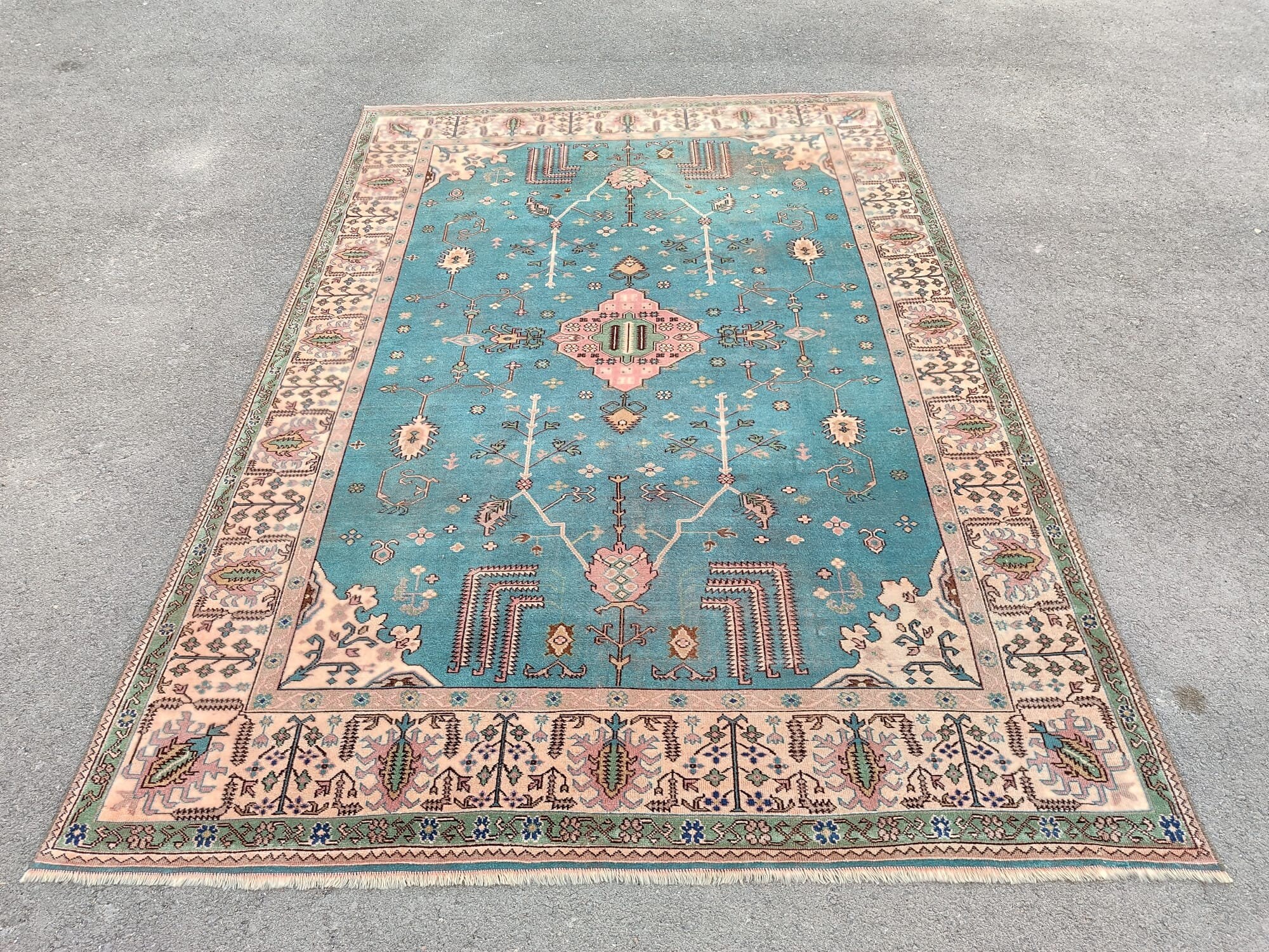 トルコ絨毯 7x10 ターコイズ色、ヴィンテージ絨毯 7x10、ウシャク絨毯