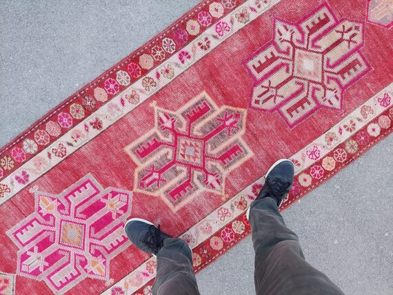 Red Runner 3x12 Turkish Vintage Oushak, 12 Runner rug herki, Heriz runner rug 12, Kurdish geometric runner rug, Afghan runner dark red color