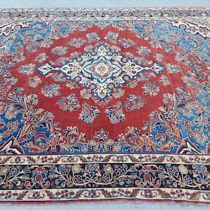 Heriz Teppich, dunkler Perserteppich 7x10, türkischer Teppich 7x10, Vintage Teppich 7x10, Roter und blauer Teppich, Antiker Teppich 7x10