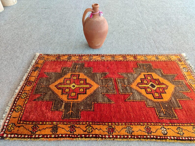 2x3 Small Antique Rug Vibrant Red Color, Skinny Rug, Turkish Rug 2x3