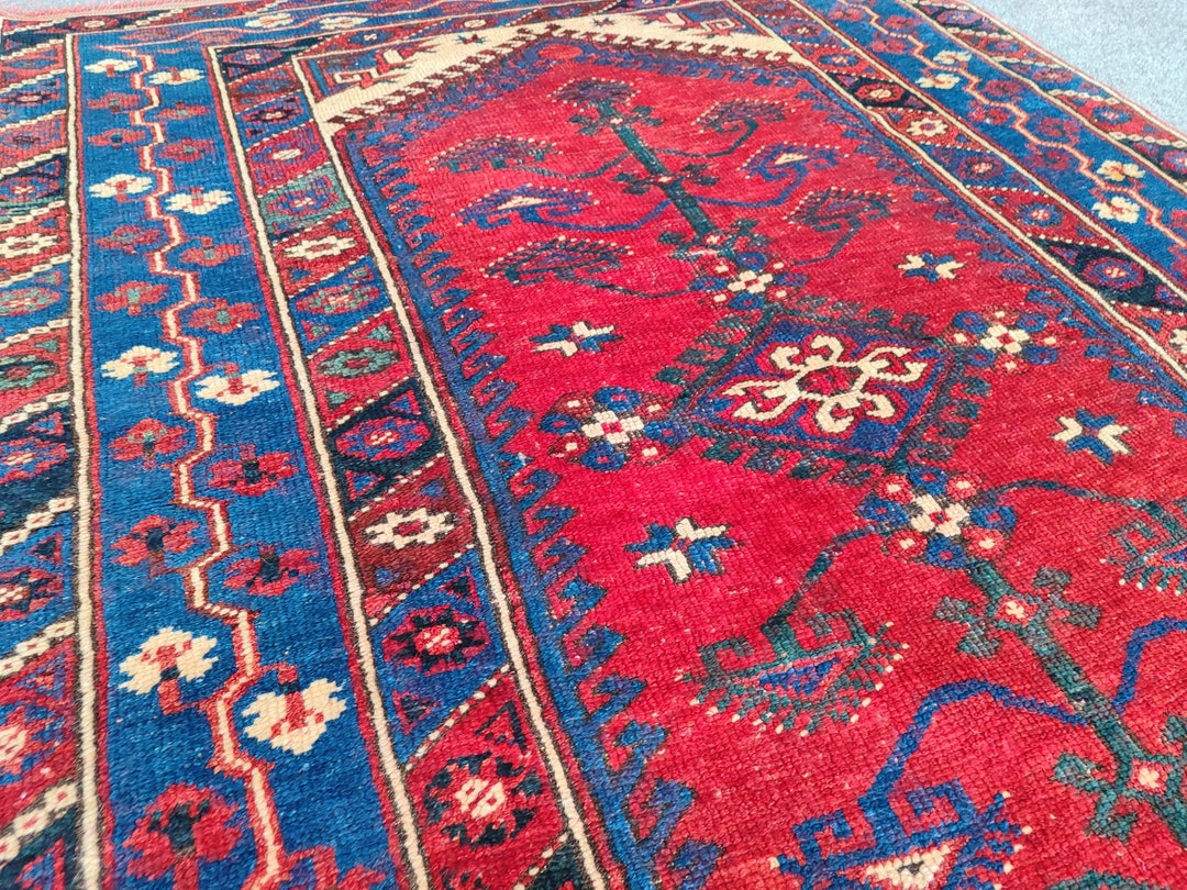 4x5 Turkish Blue Rug Red, Antique 4x5 Persian Rug, Heriz Rug 4x5 ...