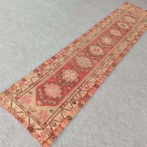 Muted red turkish runner 11 ft, Antique rug 3x11, Vintage rug 3x11, Oushak runner 3x11, Heriz runner rug, Herki rug 3x11, Kitchen rug 3x12