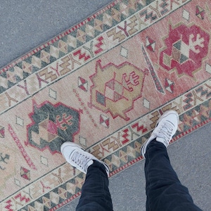 Oushak runner 3x12, Vintage wool runner 3x12, Green runner rug, Antique Turkish runner 3x12, Persian runner 3x12, Neutral rug runner 3x12