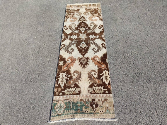 2x7 トルコランナー ブラウン、スキニーランナーラグ、ヴィンテージ