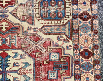 Tappeto antico del 1800 3x5, tappeto kazak caucasico, tappeto shirvan dell'Azerbaigian, tappeto persiano 3x5 heriz malayer, tappeto turco vintage 3x5, tappeto dai colori profondi
