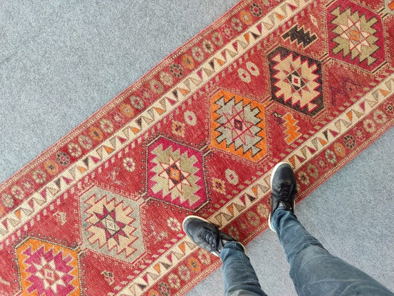 ヴィンテージ　トルコ製ランナーラグ ヴィンテージ トルコ製ランナーラグ：オレンジのパッチワーク、幾何学