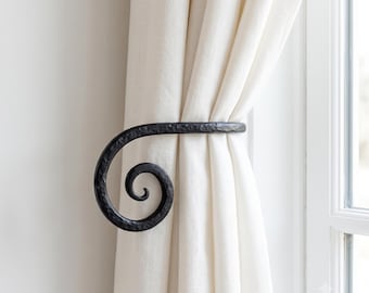 Hand Forged Iron Scroll Curtain Tie Back Hooks, Rustic Window Treatments