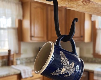 Mid Century Wrought Iron Under Shelf Mug Hanger | Rustic Coffee Cup Hooks Kitchen Storage
