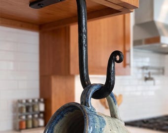 Wrought Iron Coffee Mug Hooks: Forged Farmhouse Under Shelf Cup Holder