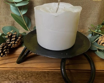 Hand-Forged Iron Pillar Candle Holder - Rustic Wrought Iron Candlestick Holder with Round Metal Tray - Vintage Decorative Home Decor