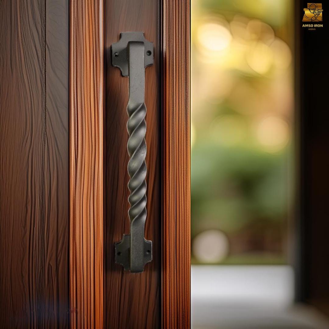 Hand Forged Twisted Wrought Iron Barn Door Pull: Rustic Black Finish