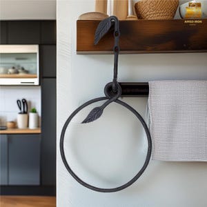 Hand Forged Iron Towel Ring: Rustic Leaf Design, Farmhouse Decor