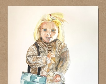 La fille doit magasiner. Peinture de fille. Fille en vêtements tricotés d'hiver. Petite fille en hiver. Aquarelle. Peinture d'une petite fille faisant du shopping