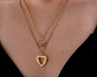 Double Layered Heart Necklace, Heart Necklace, Small Gold Heart Necklace, Minimalist Layered Necklace, Gift for Mom, Christmas Gift for Her