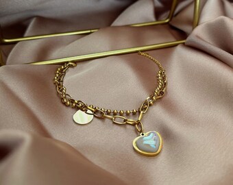 Mother of Pearl Heart Bracelet, Heart Bracelet, Small Gold Heart Bracelet, Minimalist Layered Bracelet, Gift for Mom,  Gift for Mom