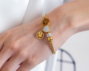 18k gold Charm Bracelet, Four Leaf Clover Bracelet, Good Luck Gifts, Friendship Bracelet, Lucky Bracelet, Cute  Gift for Mom