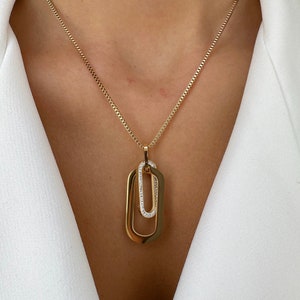Modern Geometric Necklace, Delicate Layering Chain, 14k Gold Filled Chain, Gold Oval Pendant Necklace, Gift for Mom