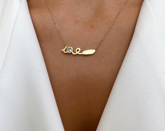 14K Gold Plated Love Necklace, Love Script Necklace, Cursive Writing Love Necklace,  Gift, Gifts for Girlfriend, Gift for Mom