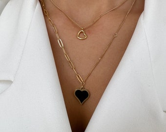 Black Heart Pendant Paperclip Necklace, Heart Double Chain Gold Necklaces, Necklace for Women, Dainty Heart Necklace,  Gift for Mom