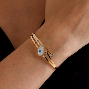 Bracelet manchette mauvais œil en or, bijoux en or mauvais œil, cadeaux de Noël pour femme, bracelet jonc, bracelet grec mauvais œil, manchette mauvais œil