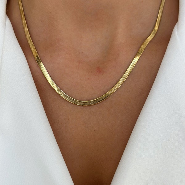 Gold Schlangenkette Halskette • Gold Halskette • Choker Kettenhalskette Set • Gold Fischgrät Kette • Anlauffrei, Geschenk für Mama