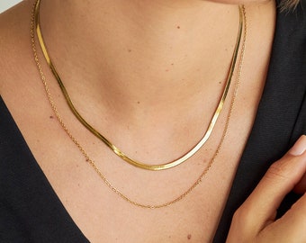 14K Gold Thin Snake Chain Necklace, Gold Layering Necklaces, The Chain Necklace Set, Herringbone Chain, Tarnish Free, Gift for Mom