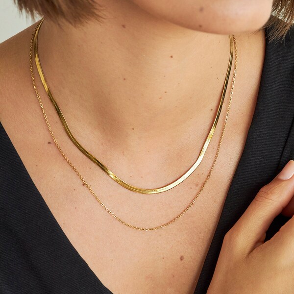 14K Gold Thin Snake Chain Necklace, Gold Layering Necklaces, The Chain Necklace Set, Herringbone Chain, Tarnish Free, Gift for Mom