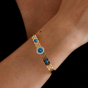 Bracelet manchette mauvais œil en or, bijoux en or mauvais œil, cadeaux de Noël pour femme, bracelet jonc, bracelet grec mauvais œil, manchette mauvais œil