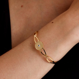 Bracelet manchette mauvais œil en or, bijoux en or mauvais œil, cadeaux de Noël pour femme, bracelet jonc, bracelet grec mauvais œil, manchette mauvais œil