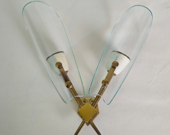 Wall Light Sconce Brass Curved Glass Midcentury Modern Italian Design 1950s
