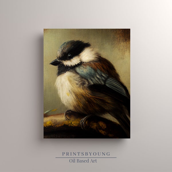 Antique Oil Painting of Bird Sitting on Branch with Visible Brush Strokes - Printable Digital Art for Wall Decor