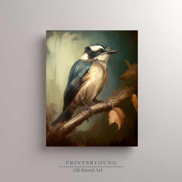 Peinture à l’huile antique d’oiseau sur branche - Impression numérique de haute qualité, art imprimable pour décoration murale, Bird Nerd