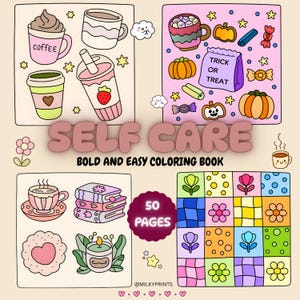 Puede incluir: Ilustración colorida para un libro para colorear de autocuidado. La imagen presenta varios dibujos de tazas de café, calabazas, caramelos y flores. El texto dice "SELF CARE" y "BOLD AND EASY COLORING BOOK". El libro tiene 50 páginas.