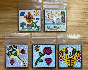 Imanes en un juego de 5 - Imanes de nevera en el estilo "Art Brut"