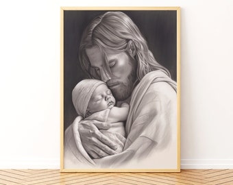 Jesus Holding An Infant - Pencil Drawing Style | Downloadable Print | Digital Download | Digital Prints | Christian Art | Christian Prints