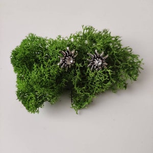 Edelweiss stud earrings with white rhinestones. Very delicately crafted. Light and comfortable to wear. 20 mm